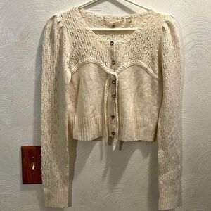 Y2K mini ivory Lace-Knit Button-Front tie front Women's Sweater Cardigan